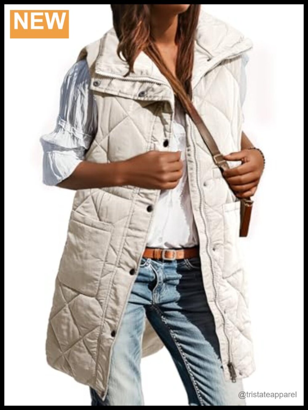Long Puffer Vest Stand Collar Sleeveless Snap Front Pockets Winter Coat